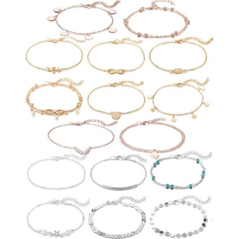16Pcs Ankle Bracelets Women Girls Gold Silver Two Style Chain Beach Anklet